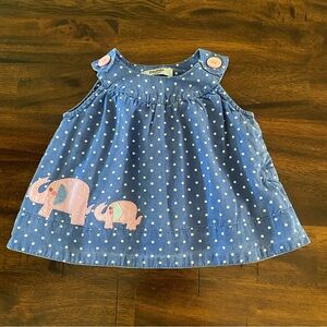 Baby Boden Blue Polka Dot Dress with Pink Elephant Appliqué